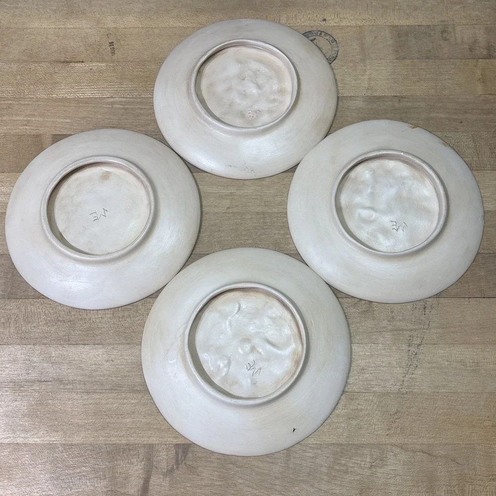 Vintage 1970s Set 4 Ceramic Floral Relief Plates 3D Hand Painted Cottage Decor